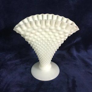 Mid Century Crimped Edge, Footed, Hobnail Milk Glass Vase made by Fenton